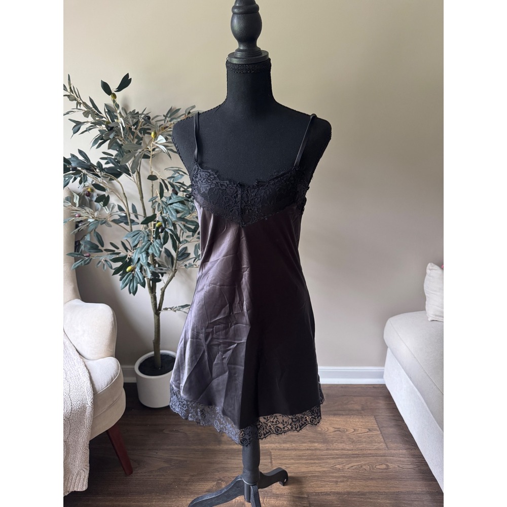 Bed of Roses Lingerie Black Satin Lace Trim Slip Dress Chemise Small